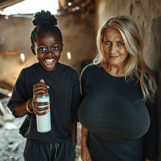 In a dilapidated, abandoned shack, a unique scene features a malnourished 19-year-old African woman of very short stature with deeply dark skin