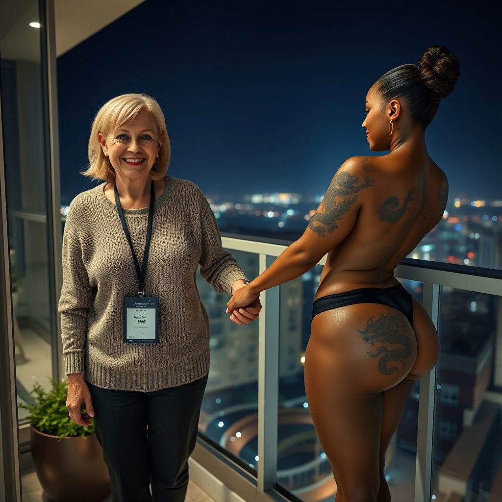 On the balcony of a high-rise suite at night, a captivating scene features two women