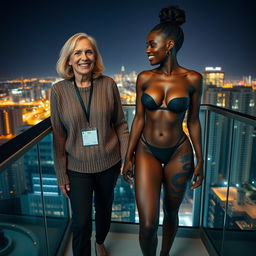 On the balcony of a high-rise suite at night, a captivating scene features two women