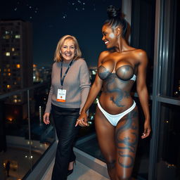 On the balcony of a high-rise suite at night, a captivating scene features two women