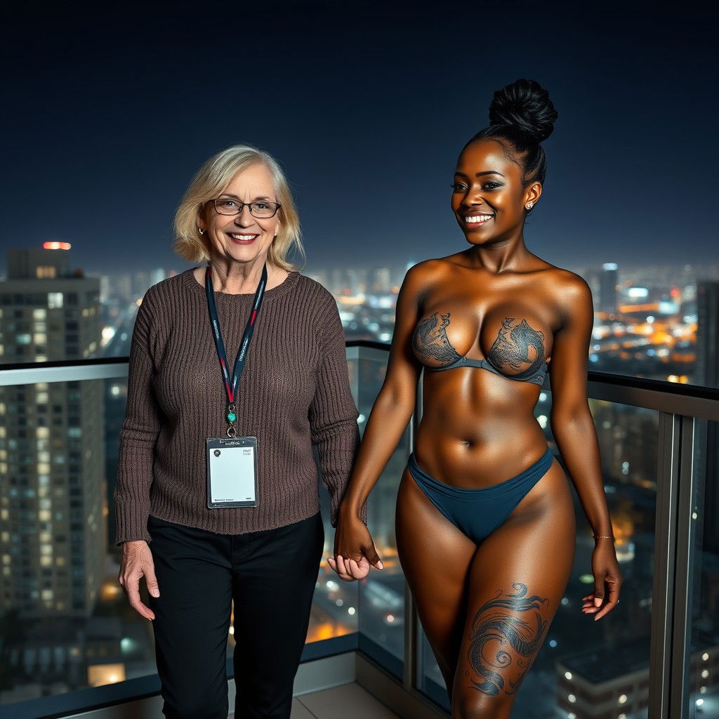 On the balcony of a high-rise suite at night, a captivating scene features two women