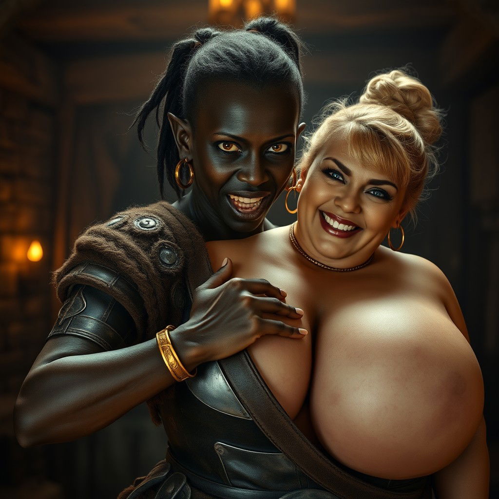 Inside a medieval brothel filled with dim light and rich textures, a young, malnourished 20-year-old black African woman stands with a furious expression