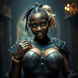 Inside a dimly lit medieval brothel, a young, malnourished 19-year-old black African woman stands defiantly