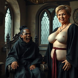 Inside a medieval bordello room, a dramatic and intense scene comes to life