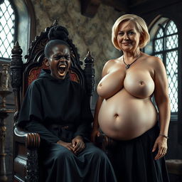 Inside a medieval bordello room, a dramatic and intense scene comes to life