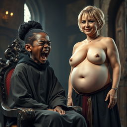 Inside a medieval bordello room, a dramatic and intense scene comes to life