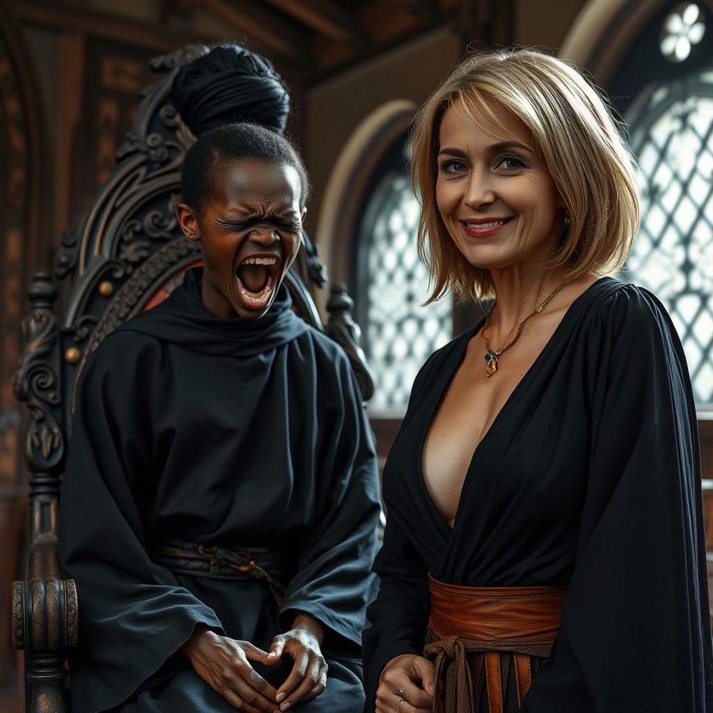 Inside a medieval bordello room, a strikingly intense scene captures the viewer's attention