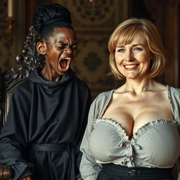 Inside a medieval bordello room, a strikingly intense scene captures the viewer's attention