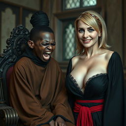 Inside a medieval bordello room, a strikingly intense scene captures the viewer's attention