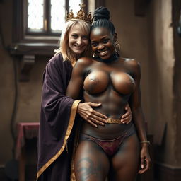 In a medieval room, a very short, emaciated 40-year-old blonde woman with medium-length hair and bright blue eyes wears a long, fully-closed noble Buddhist robe with golden edges