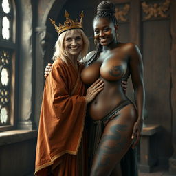 In a medieval room, a very short and emaciated 40-year-old blonde woman with medium-length hair and bright blue eyes wears a long, fully-closed noble Buddhist robe with golden edges