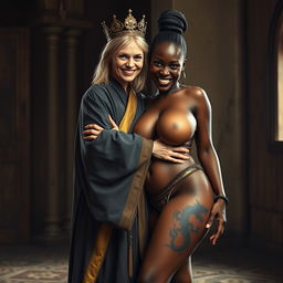 In a medieval room, a very short and emaciated 40-year-old blonde woman with medium-length hair and bright blue eyes wears a long, fully-closed noble Buddhist robe with golden edges