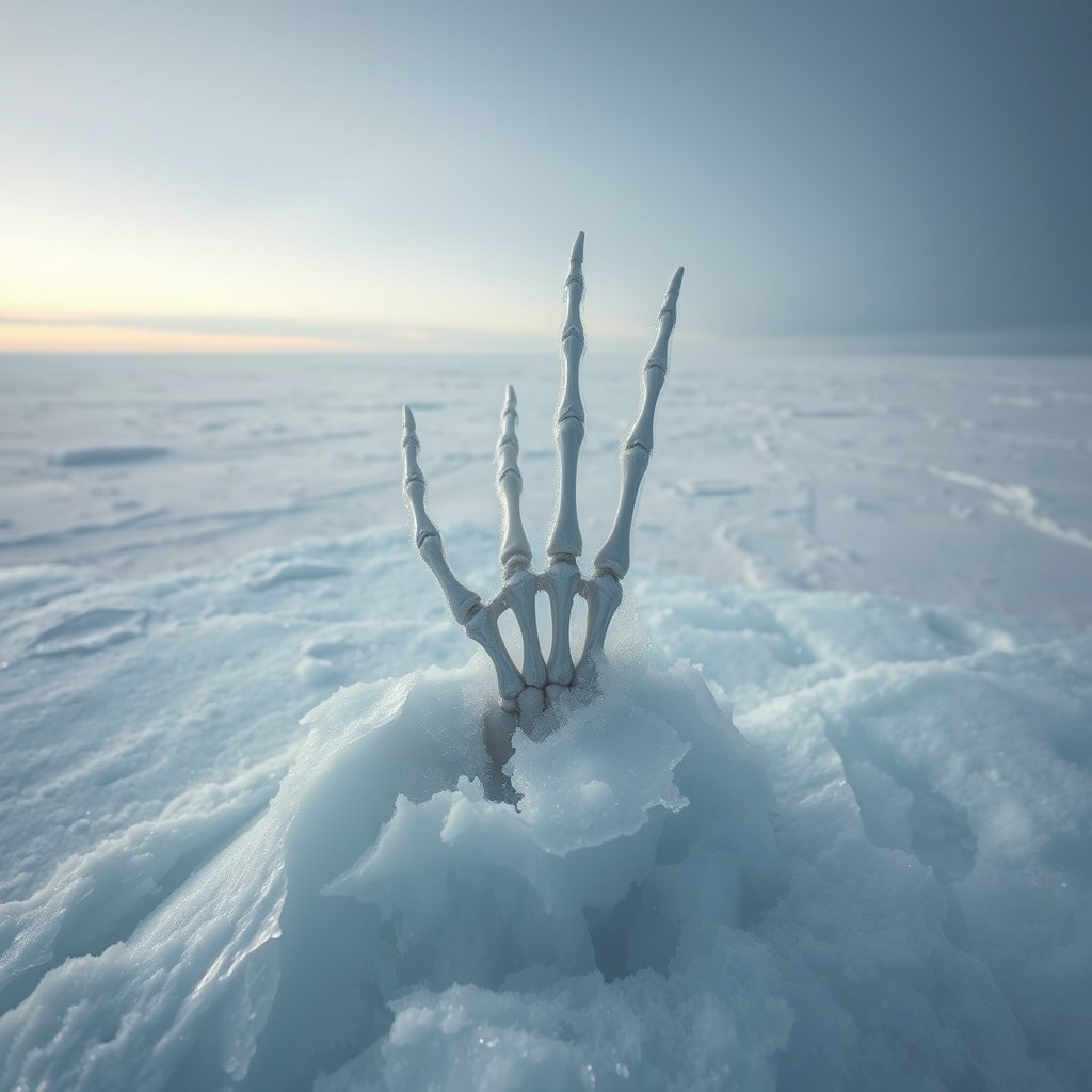 A vast icy expanse stretching into the horizon, covered in shimmering frost and vast fields of snow
