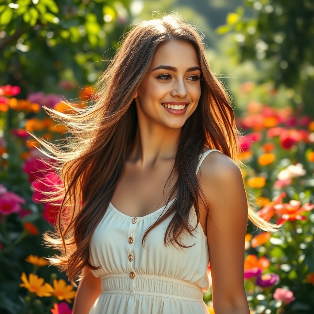 a beautiful young woman with long flowing hair, smiling gently, standing in a lush garden filled with colorful flowers, soft sunlight filtering through the leaves, wearing a light and airy summer dress that sways with the breeze, capturing a moment of joy and serenity, vibrant colors, high detail