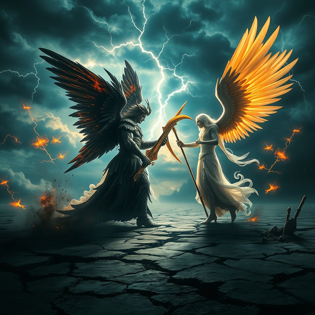 An epic battle scene depicting Samael, the angel of destruction, facing off against Azrael, the angel of death