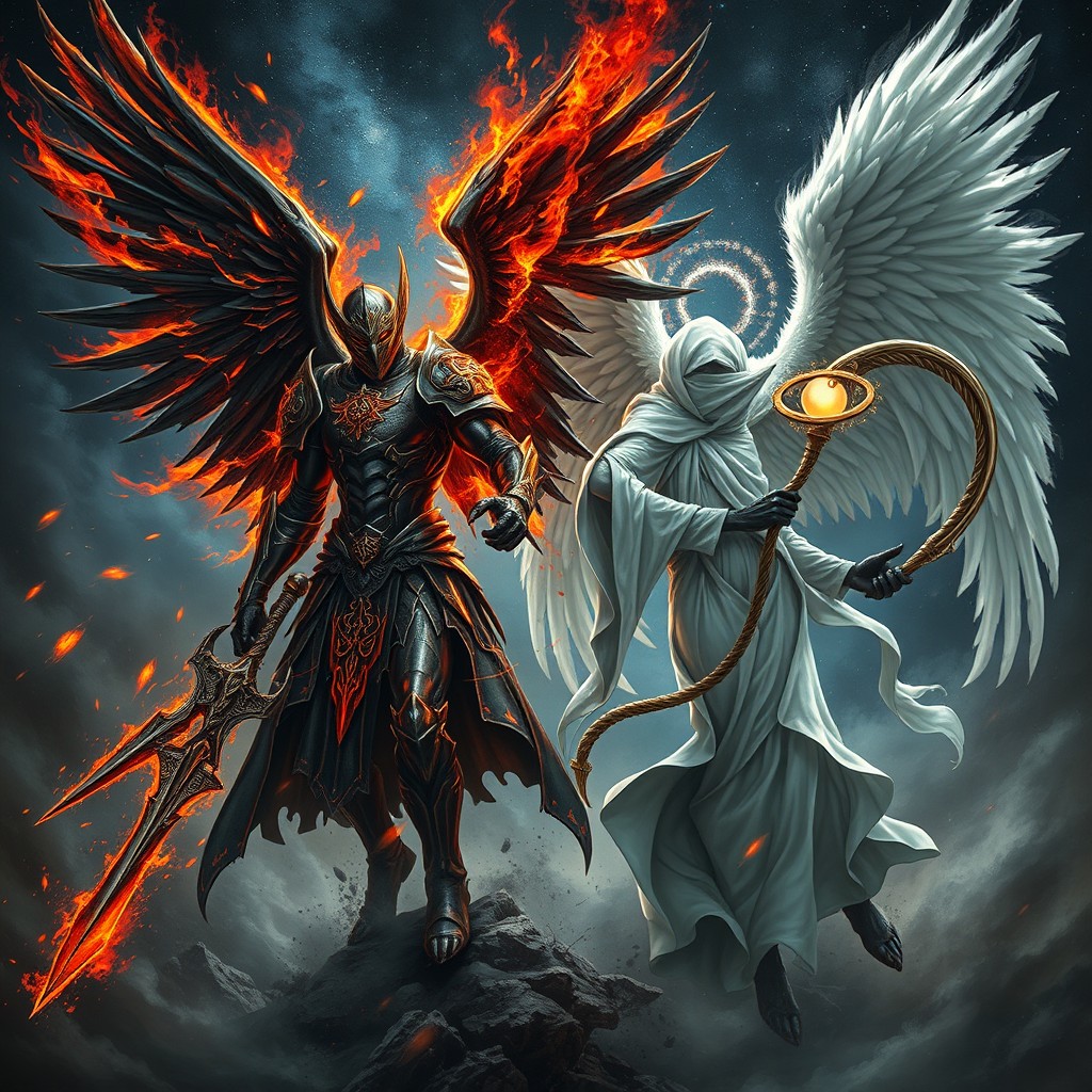 An intense and dramatic representation of Samael, the angel of destruction, and Azrael, the angel of death, in a fantastical style