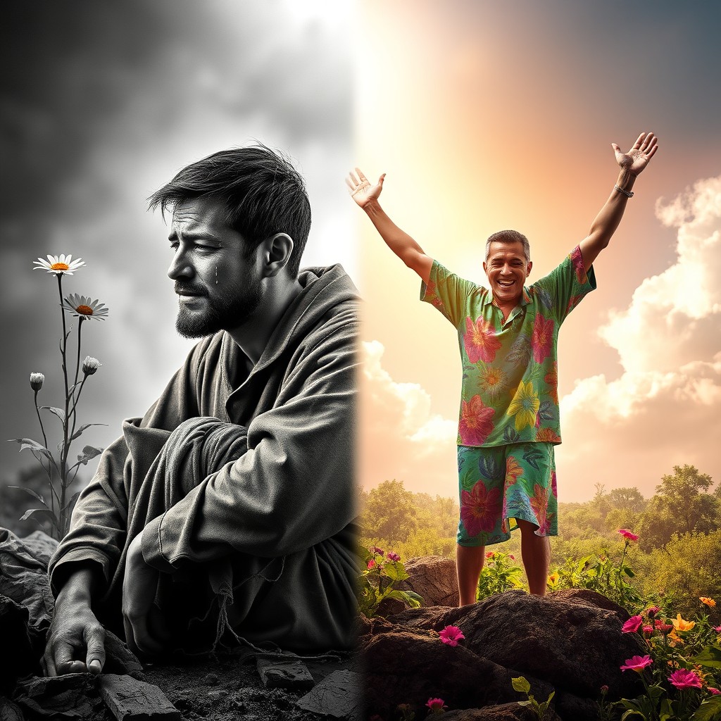 A powerful transformation scene depicting a sorrowful man evolving into a rejoicing man