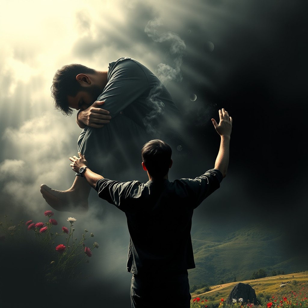 A powerful transformation scene depicting a depressed man evolving into a rejoicing man, with no faces visible