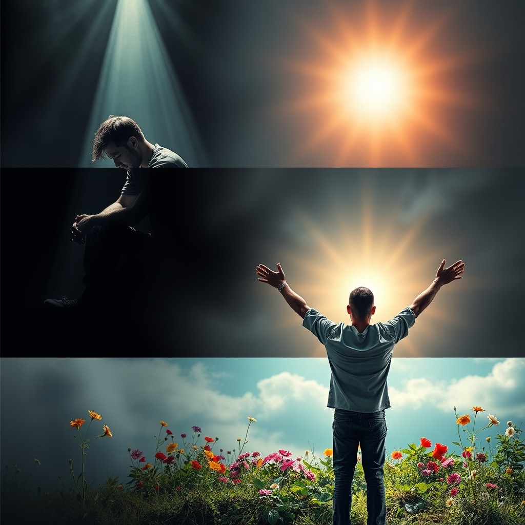 A dynamic triptych showcasing a transformation scene of a depressed man evolving into a rejoicing man, with no faces visible