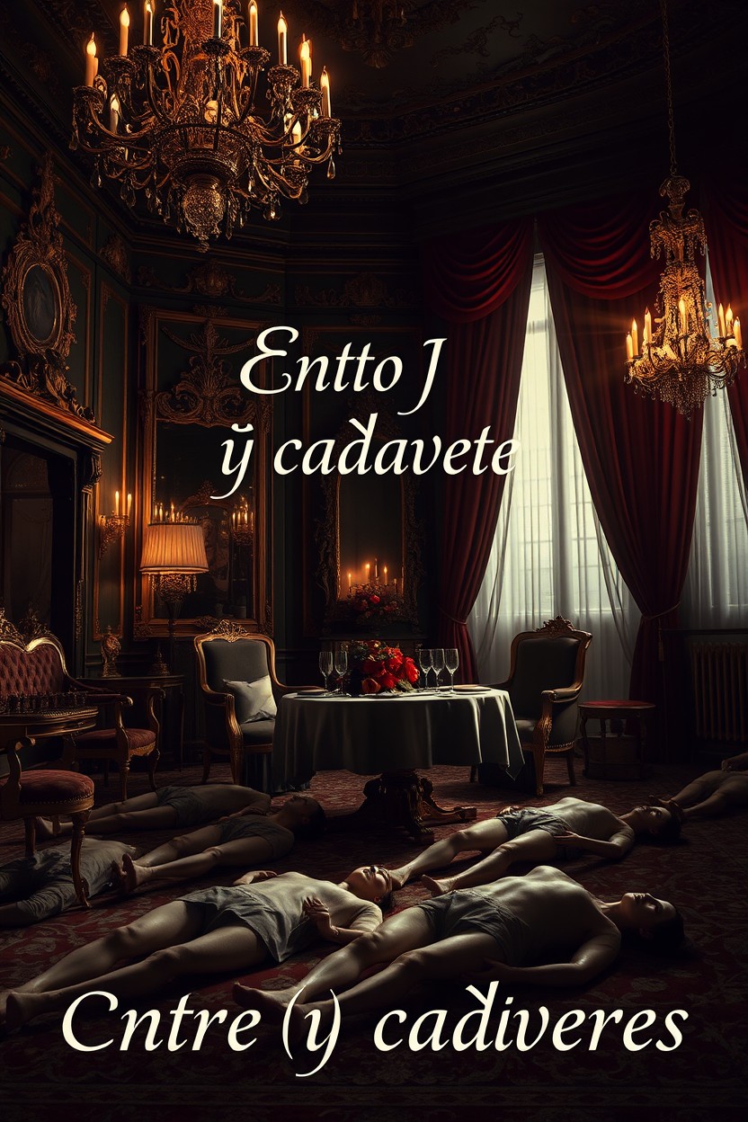 A dark and atmospheric scene showcasing a luxurious room filled with opulent furnishings, golden accents, and delicate chandeliers presented in a highly realistic style
