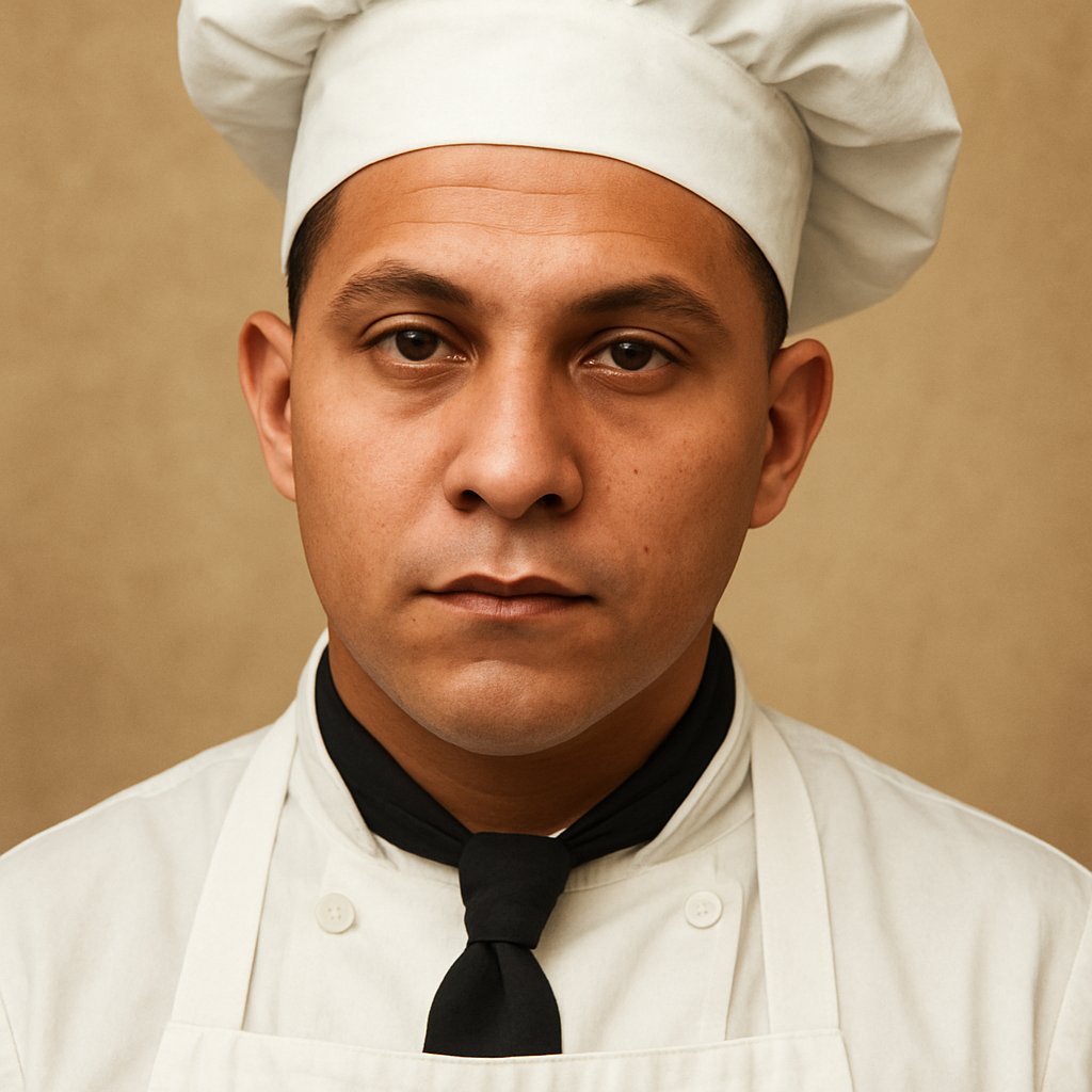 Turn this man into a chef with a chef's hat and white apron