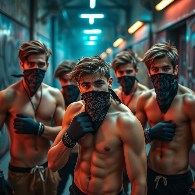 Un grupo de hombres jóvenes con cabello moreno, todos sin camisetas, mostrando su físico atlético y enérgico