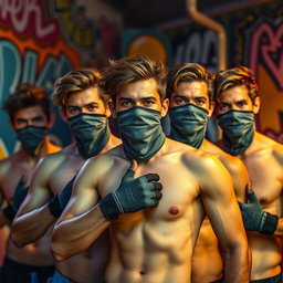 Un grupo de hombres jóvenes con cabello moreno, todos sin camisetas, mostrando su físico atlético y enérgico