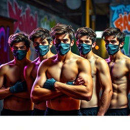 Un grupo de hombres jóvenes con cabello moreno, todos sin camisetas, mostrando su físico atlético y enérgico