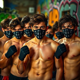 Un grupo de hombres jóvenes con cabello moreno, todos sin camisetas, mostrando su físico atlético y enérgico