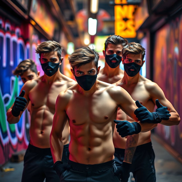 Un grupo de hombres jóvenes con cabello moreno, todos sin camisetas, mostrando su físico atlético y enérgico