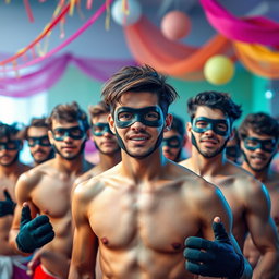 Un grupo de hombres jóvenes con cabello moreno, todos sin camisetas, exhibiendo sus físicos atléticos y confiados