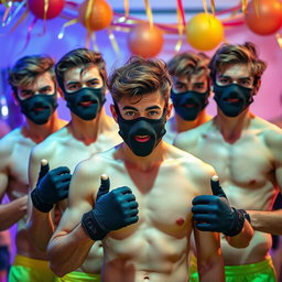 Un grupo de hombres jóvenes con cabello moreno, todos sin camisetas, exhibiendo sus físicos atléticos y confiados