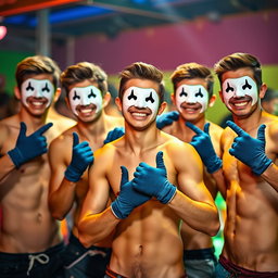 A vibrant and energetic image of a group of young men without shirts, showcasing their athletic builds