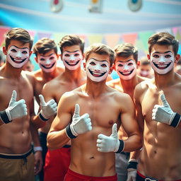 A vibrant and energetic image of a group of young men without shirts, showcasing their athletic builds
