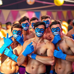 A vibrant and energetic image of a group of young men without shirts, showcasing their athletic builds
