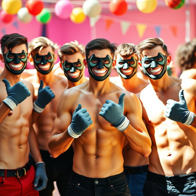 A vibrant and energetic image of a group of young men without shirts, showcasing their athletic builds