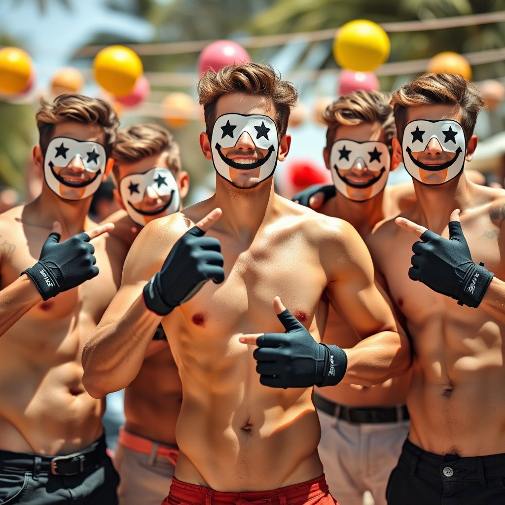 A lively image of a group of young men without shirts, displaying their fit and toned physiques