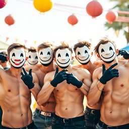 A lively image of a group of young men without shirts, displaying their fit and toned physiques