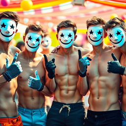 A lively image of a group of young men without shirts, displaying their fit and toned physiques