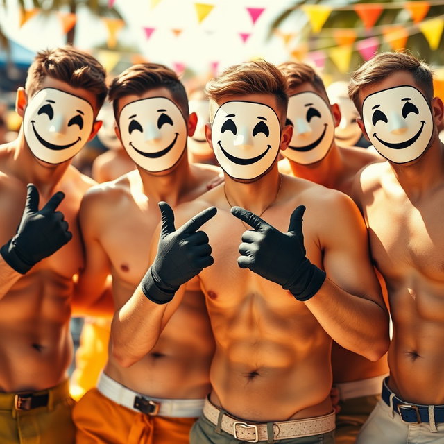 A lively image of a group of young men without shirts, displaying their fit and toned physiques