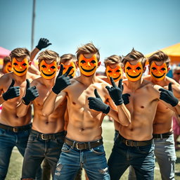 A lively and cheerful image of a group of young men without shirts, showcasing their fit physiques