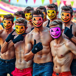 A lively and cheerful image of a group of young men without shirts, showcasing their fit physiques