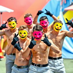 A lively and cheerful image of a group of young men without shirts, showcasing their fit physiques
