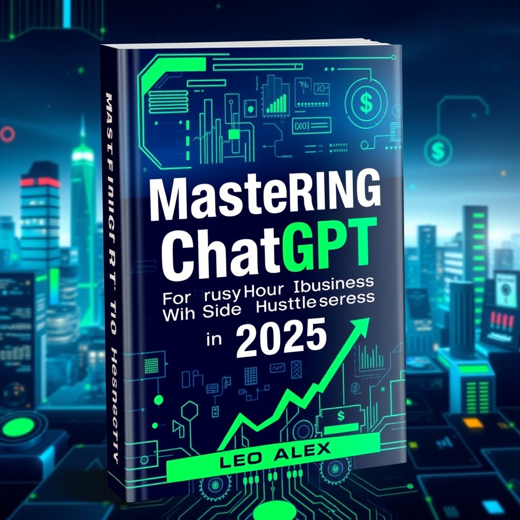 An eye-catching book cover design for 'Mastering ChatGPT for Business and Side Hustles in 2025' by Leo Alex