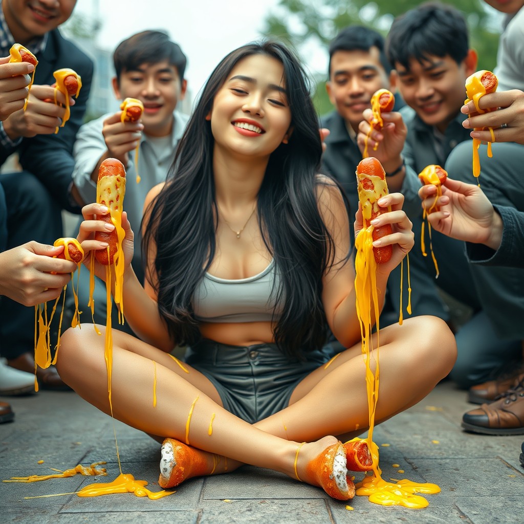 A hot Korean young woman, age 18, sitting cross-legged on the ground, smiling broadly with her eyes closed