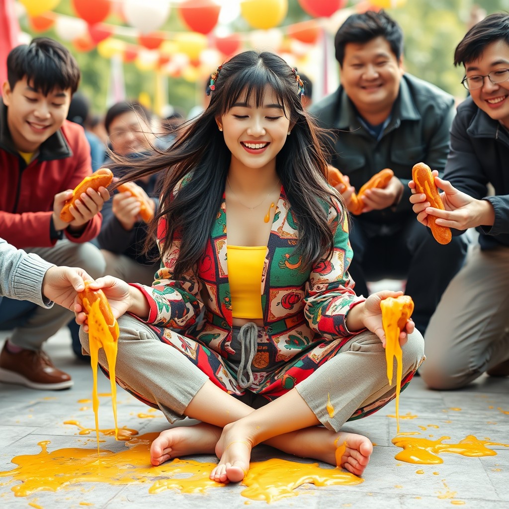 A lively scene featuring a young Korean woman sitting criss-cross, smiling with her eyes closed