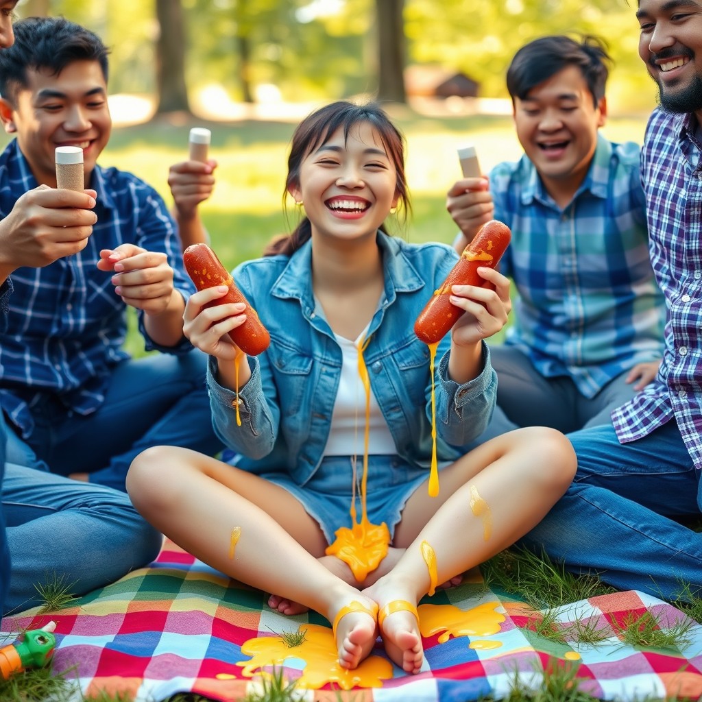 A lively scene featuring a young Korean woman, 18 years old, with a bright smile and her eyes closed, radiating joy
