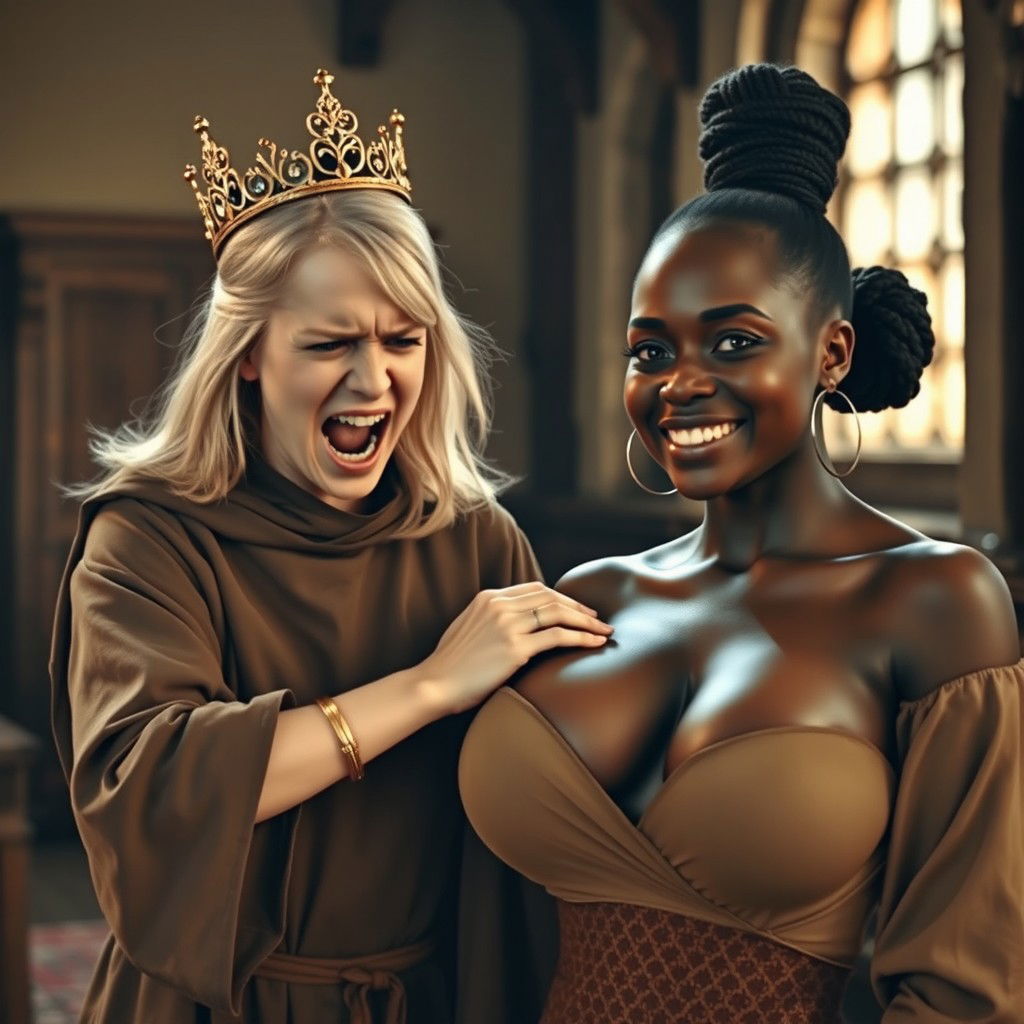 In a medieval room, a captivating scene unfolds featuring a young blonde woman, petite and malnourished at just 19 years old