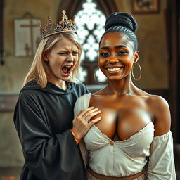 In a medieval room, a captivating scene unfolds featuring a young blonde woman, petite and malnourished at just 19 years old