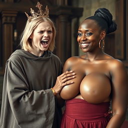 In a medieval room, a captivating scene unfolds featuring a young blonde woman, petite and malnourished at just 19 years old